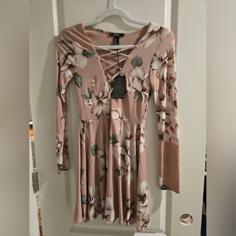 Forever 21 Pink Fit and Flare Midi Dress with Plunge Neckline